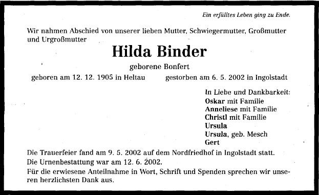 Bonfert Hilda 1905-2002 Todesanzeige